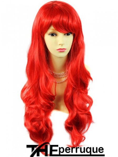 Vente chaude cheveux longs ondulés avec frange 24 pouces perruques rouges