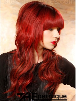 Perruques Rouges de Cheveux Humains Style Ondulé Longue Longueur avec Frange