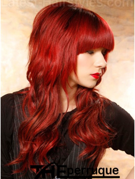 Perruques Rouges de Cheveux Humains Style Ondulé Longue Longueur avec Frange