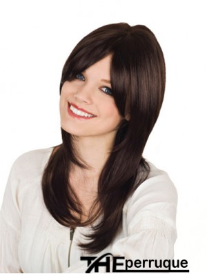 Avec Bangs Long Brown Wavy 16 pouces Perruques de cheveux humains durables