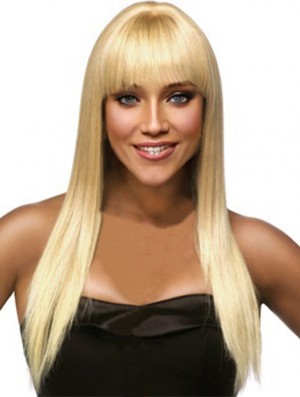 Coiffures Blonde Longue Droite Avec Frange Perruques De Cheveux Humains