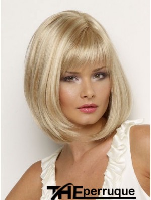 Perruque synthétique Longueur de menton Couleur blonde Style droit avec une frange