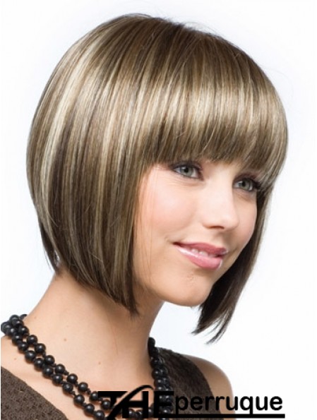 Cheveux synthétiques bon marché coupés coupe droite style brun couleur menton longueur