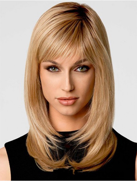 Longueur d'épaule blonde en couches ondulées 14 pouces perruques moyennes en ligne