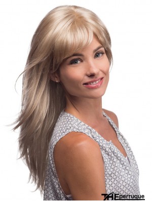 Perruque longue blonde avec frange style droit synthétique monofilament