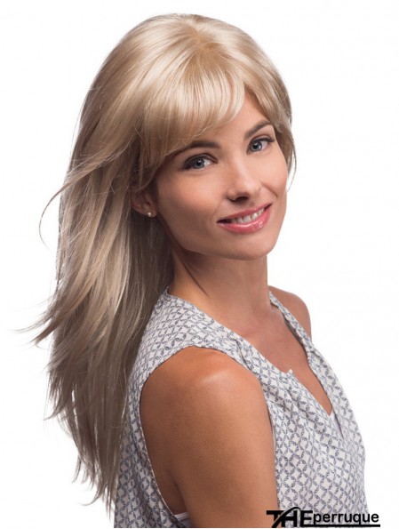 Perruque longue blonde avec frange style droit synthétique monofilament