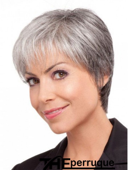 Perruques pour cheveux gris dame âgée avec coupe courte synthétique gris
