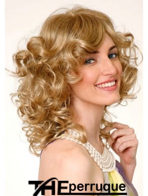 Layered Blonde Curly Shoulder Length 16 pouces Perruques moyennes durables