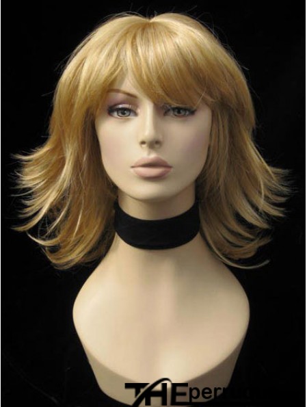 Longueur d'épaule blonde droite pratique avec frange perruques moyennes